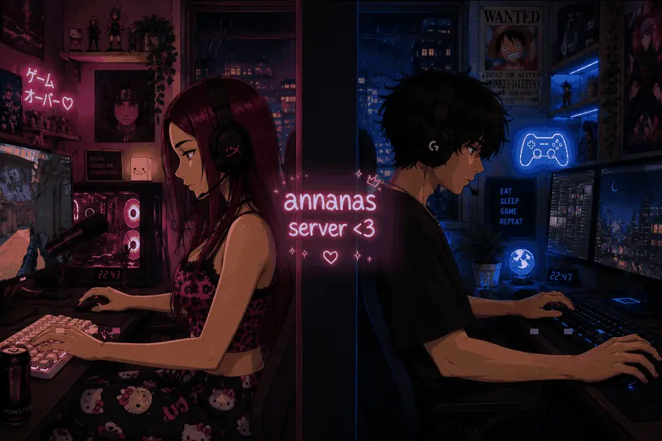 Ilustración de Annanas Server: dos amigos jugando juntos en sus ordenadores